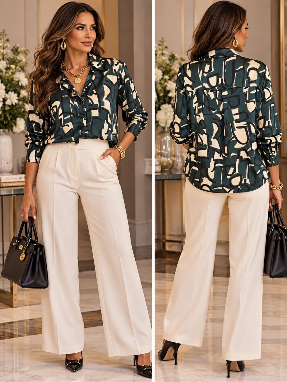 Milk & Honey Dark Green Satin Abstract Print Button Up Blouse Long Sleeve Size L